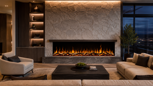 Modern Flames Orion electric fireplace built into a luxury floor-to-ceiling stone feature wall.