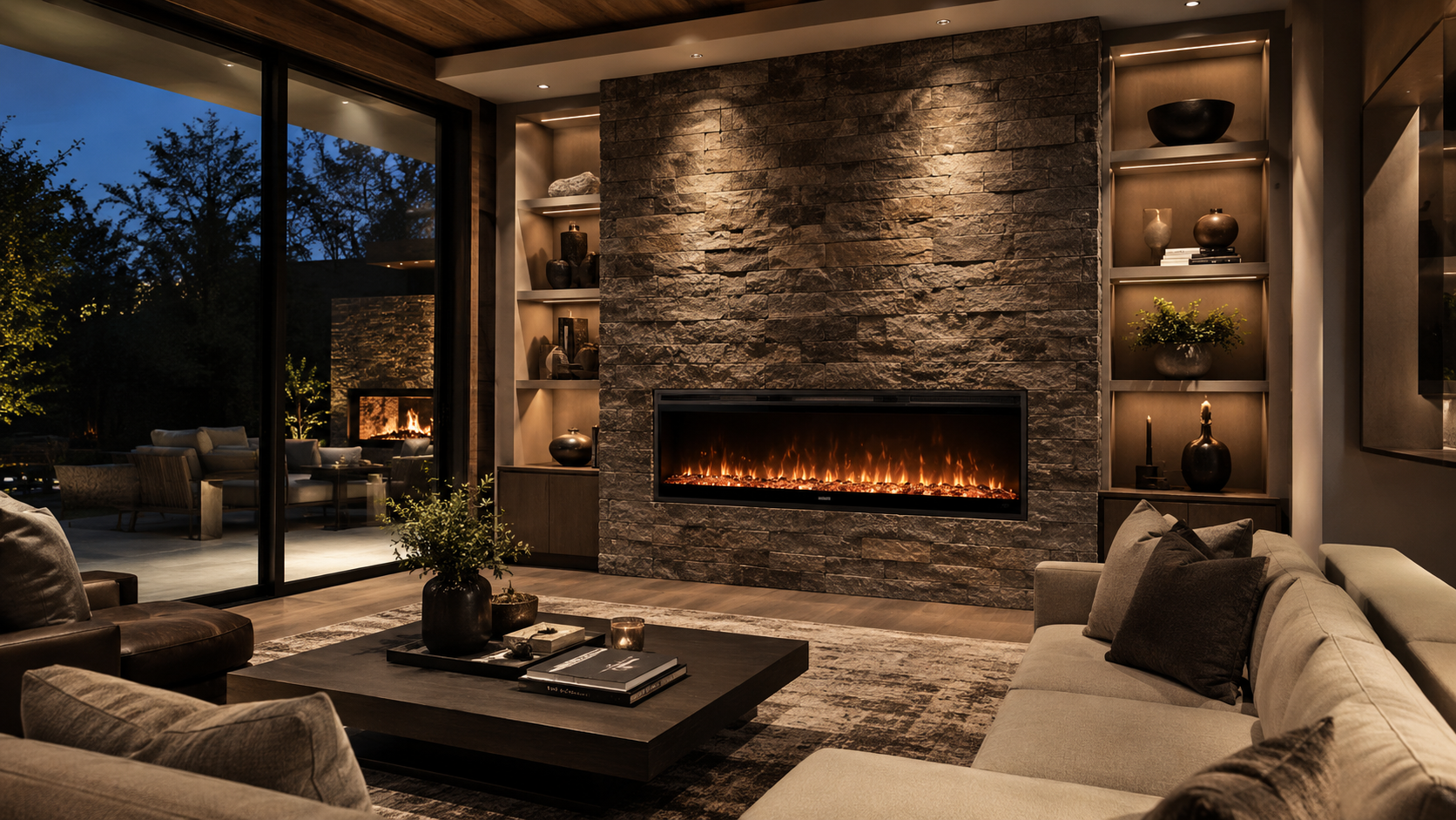 Luxury living room with a built-in electric fireplace feature wall.