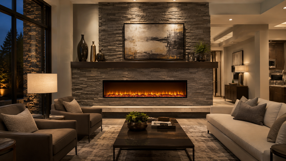 Modern living room with a built-in linear electric fireplace feature wall.