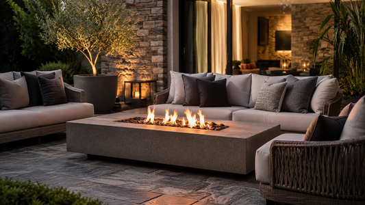 Luxury outdoor patio with concrete fire pit table, lounge seating, and warm evening flames