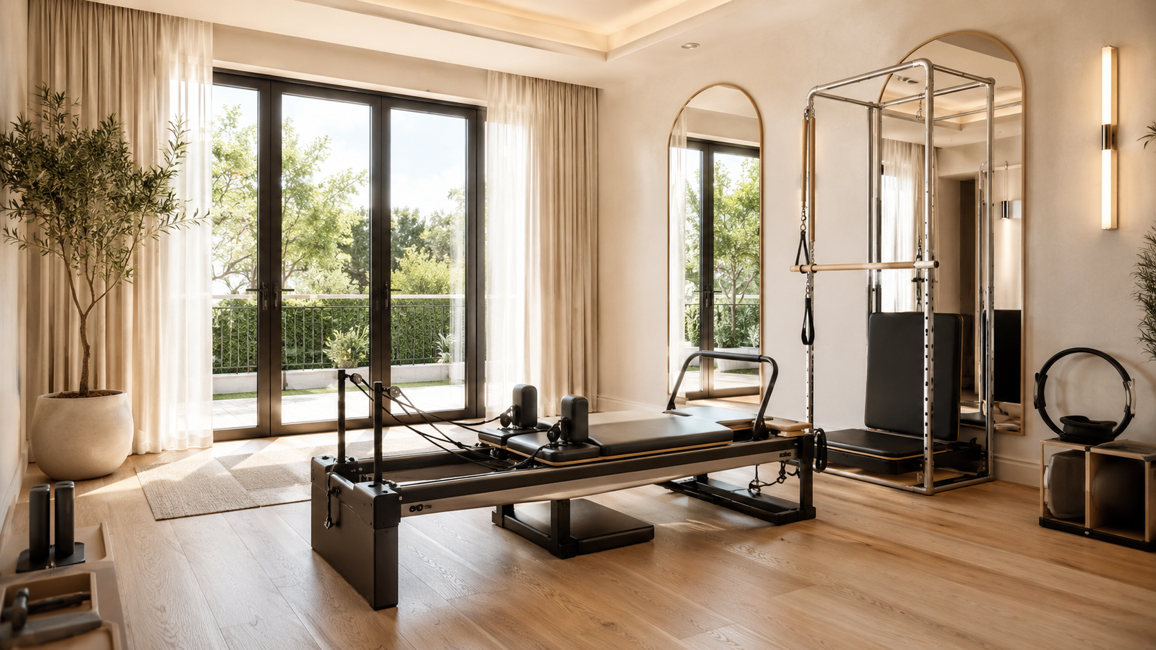 Luxury home Pilates room with premium reformer equipment