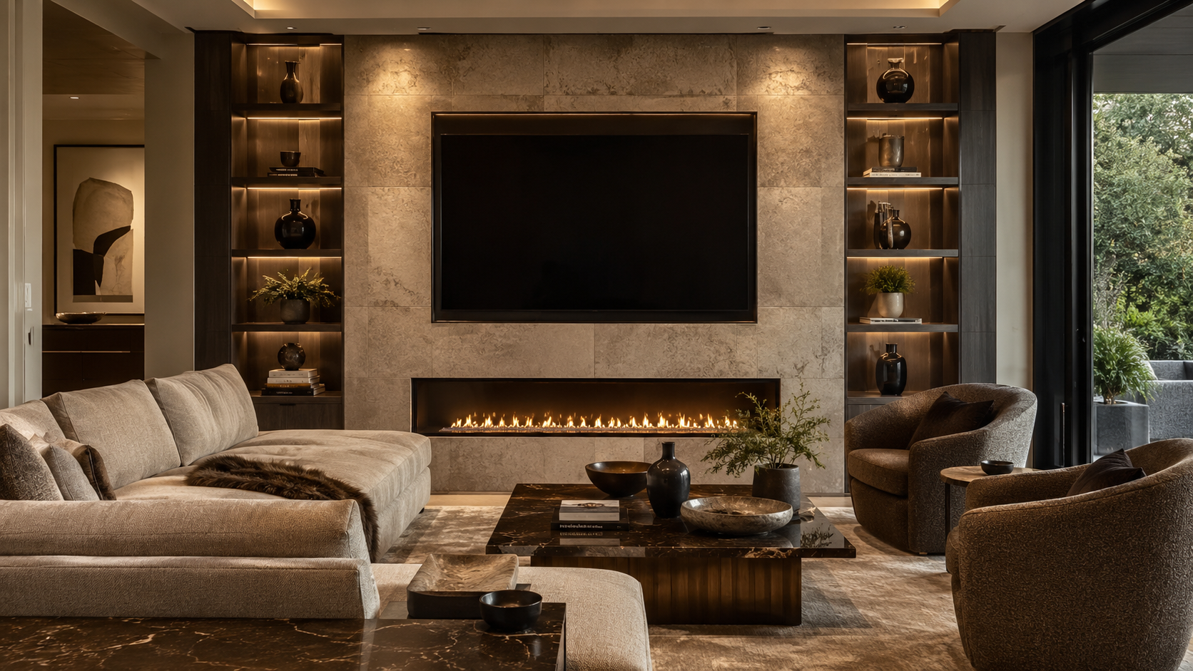 Luxury living room media wall with linear electric fireplace beneath mounted TV