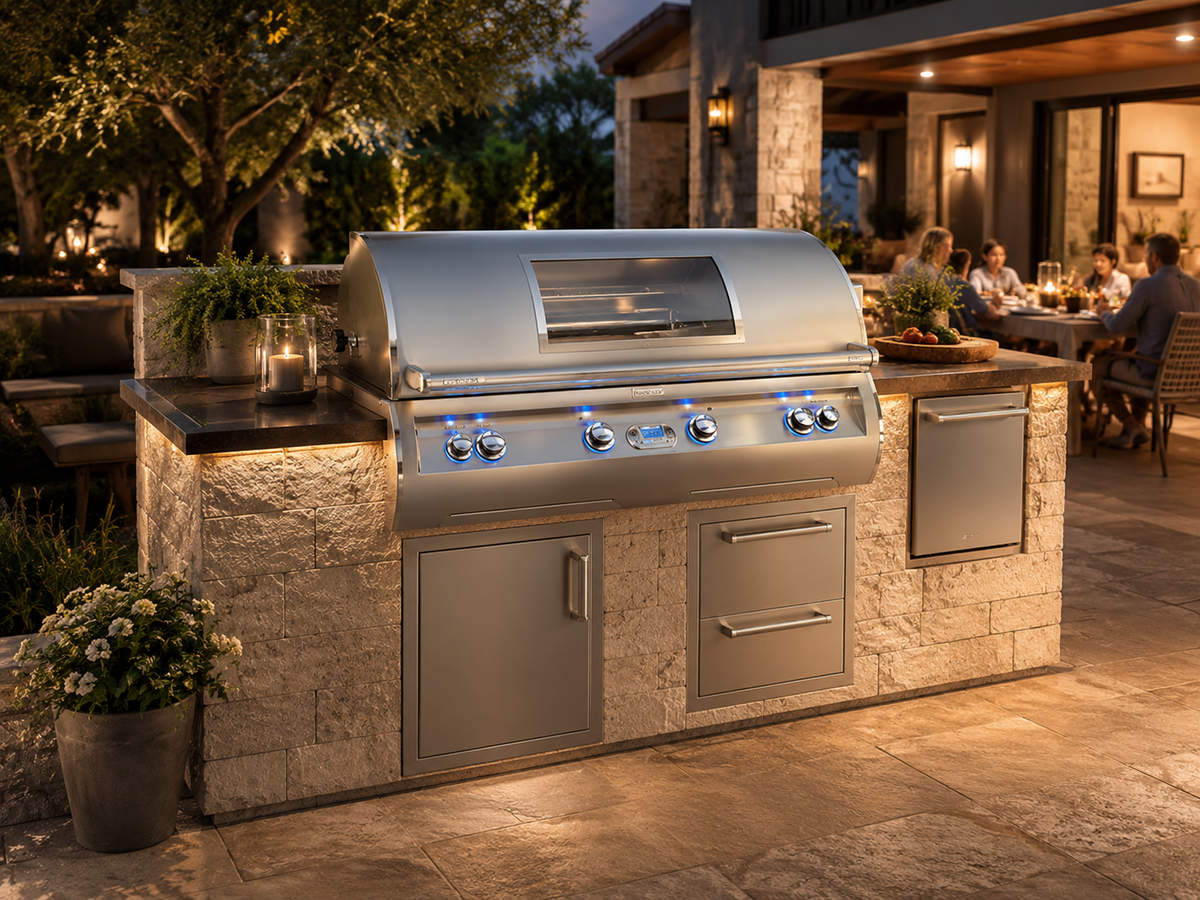 Fire Magic BBQ grill in a luxury outdoor kitchen