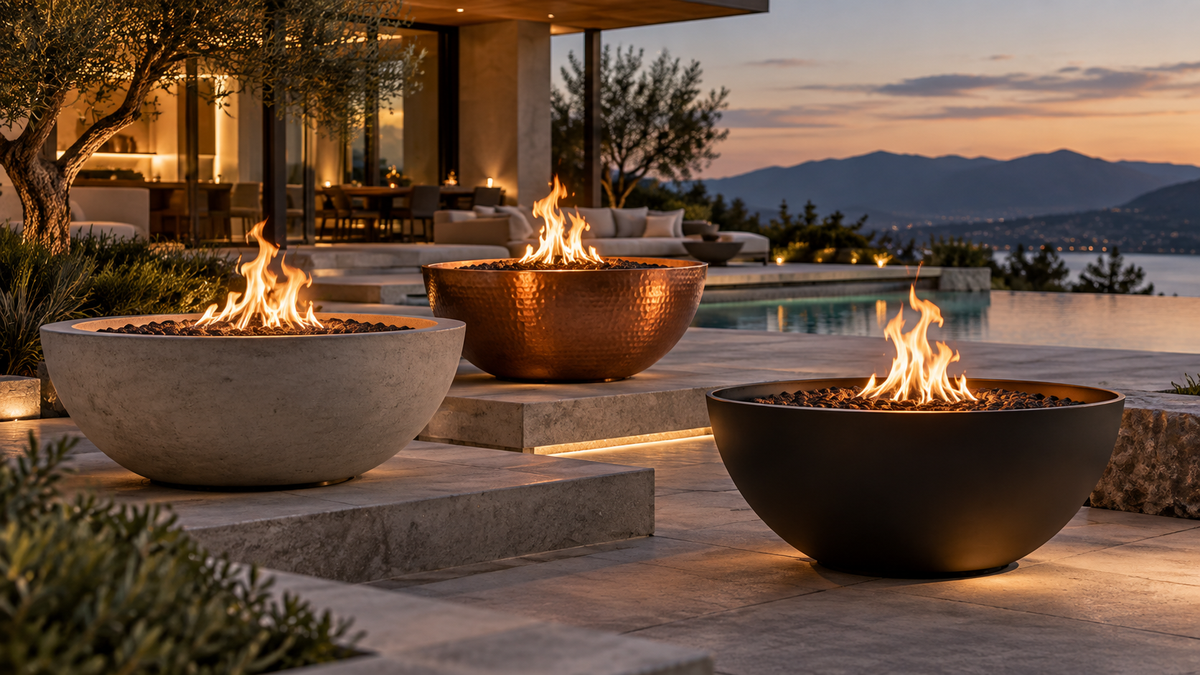 Luxury pool with multiple fire bowls arranged symmetrically around the pool deck