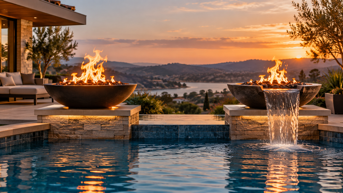 1. Poolside comparison of a fire bowl and a fire-and-water bowl with integrated water spill