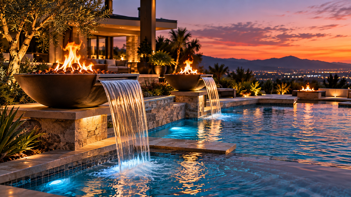 Luxury pool with multiple fire-and-water bowls cascading into the pool at sunset