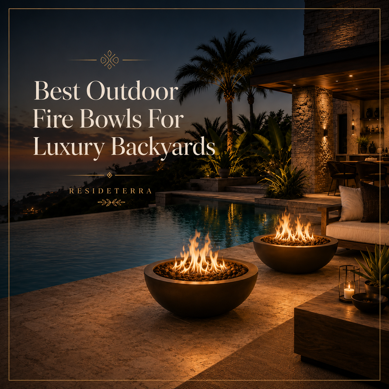 Luxury outdoor fire bowls beside a modern pool and backyard lounge