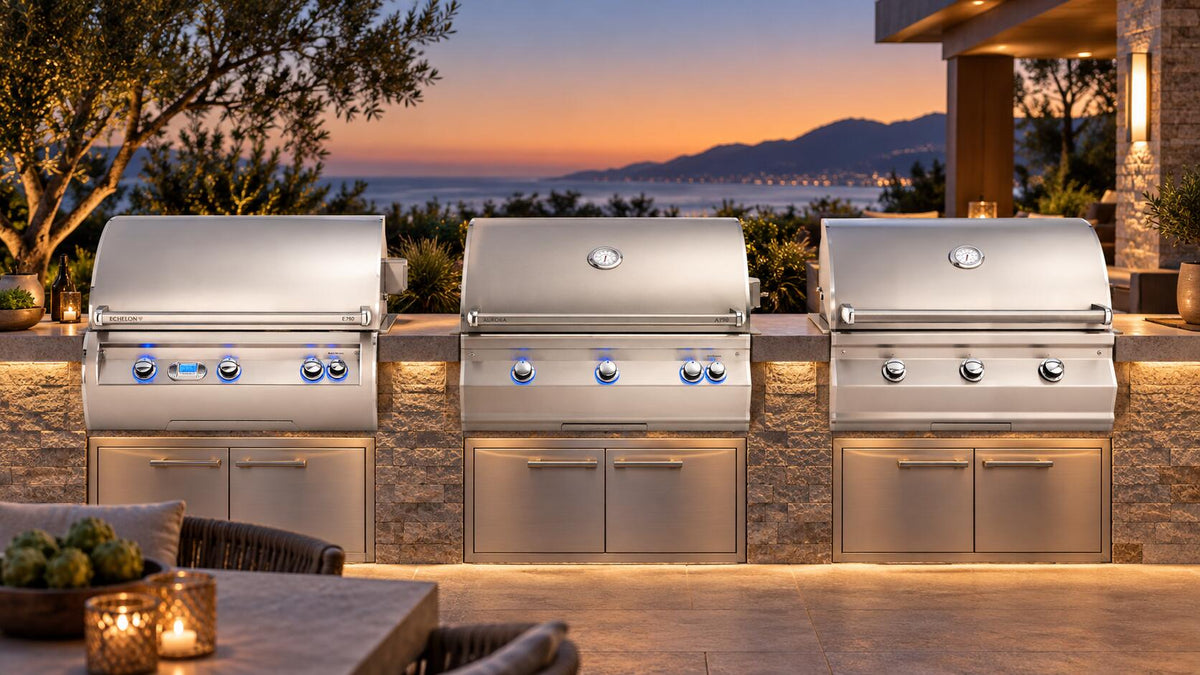 Fire Magic Echelon, Aurora, and Choice built-in grills compared in a luxury outdoor kitchen