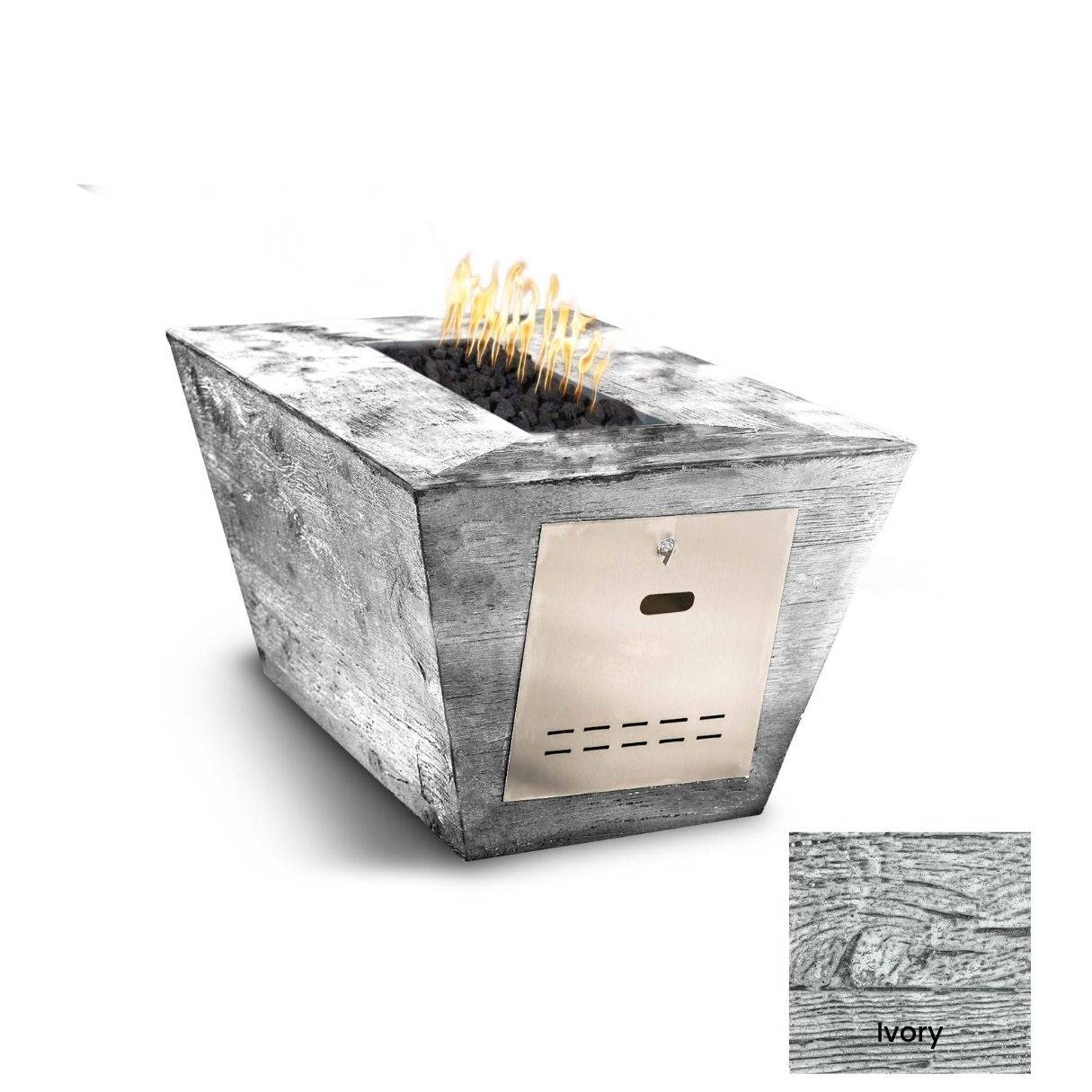 The Outdoor Plus Plymouth Rectangular Wood Grain Concrete Fire Pit.