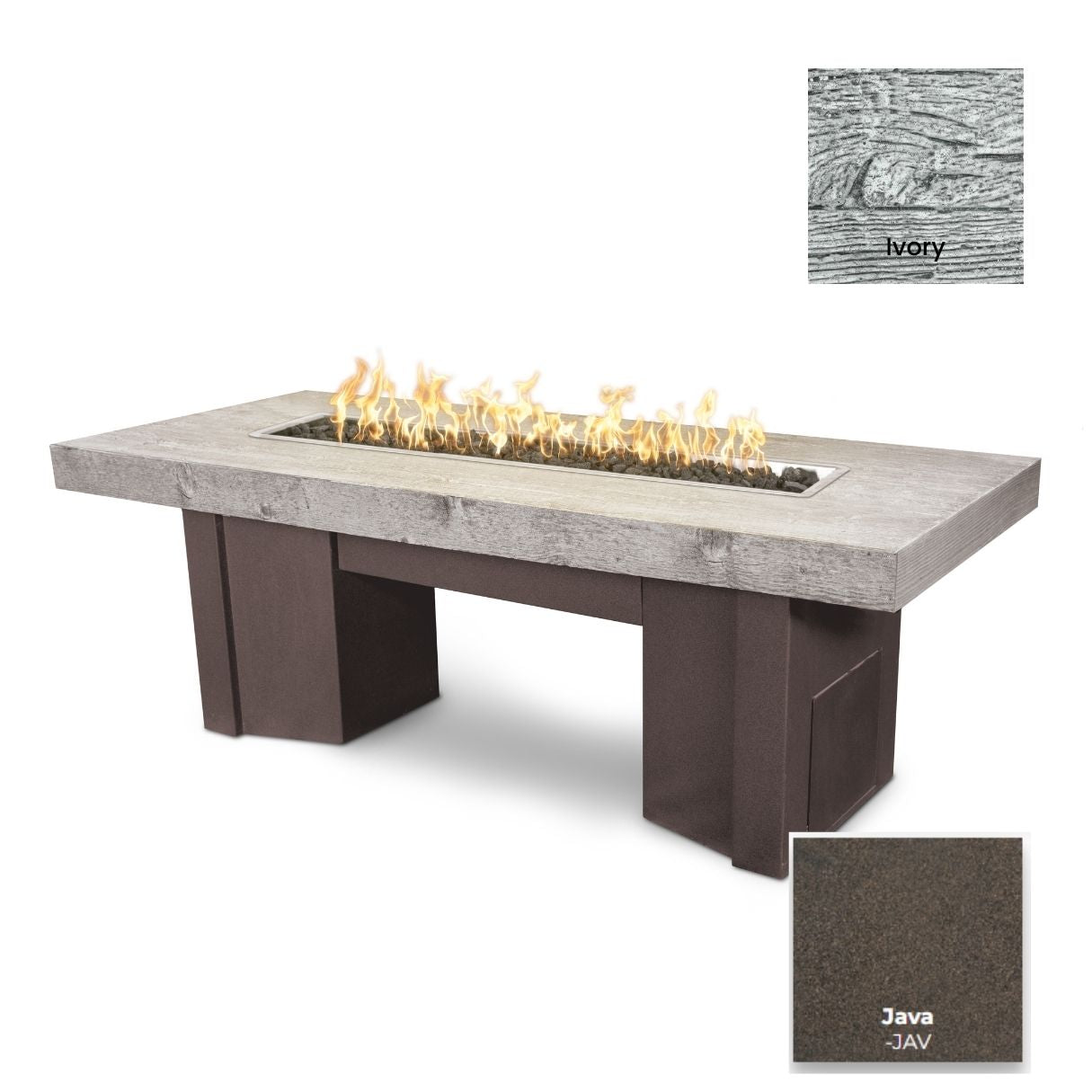The Outdoor Plus Alameda Wood Grain Concrete and Steel Fire Table.