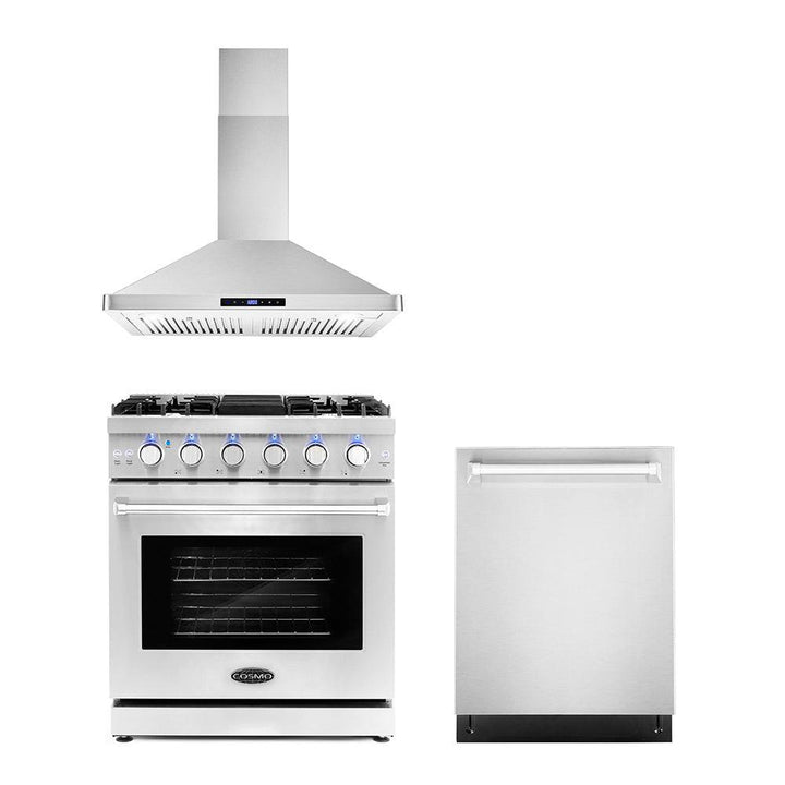 Cosmo Package - 30" Gas Range, Wall Mount Range Hood and Dishwasher, COS-3PKG-020.