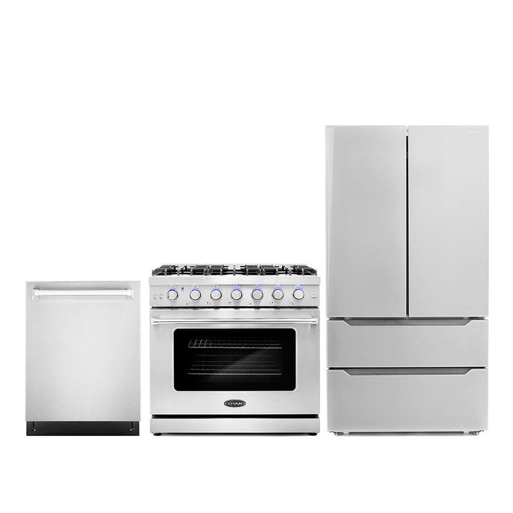 Cosmo Package - 36" Gas Range, Dishwasher and Refrigerator with Ice Maker, COS-3PKG-029.