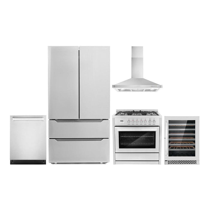 Cosmo Package - 36" Dual Fuel Range, Wall Mount Range Hood, Dishwasher, Refrigerator with Ice Maker and Wine Cooler, COS-5PKG-016.