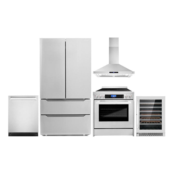 Cosmo Package - 30" Electric Range, Wall Mount Range Hood, Dishwasher, Refrigerator with Ice Maker and Wine Cooler, COS-5PKG-021.