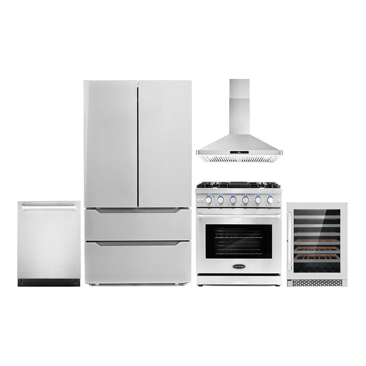 Cosmo Package - 30" Gas Range, Wall Mount Range Hood, Dishwasher, Refrigerator with Ice Maker and Wine Cooler, COS-5PKG-081.