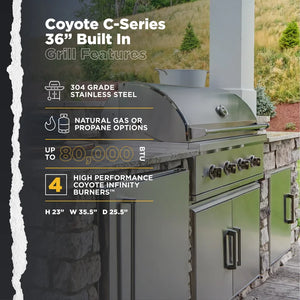 Coyote C-Series 36 Inch Built In Gas Grill - C2C36 LP/NG.
