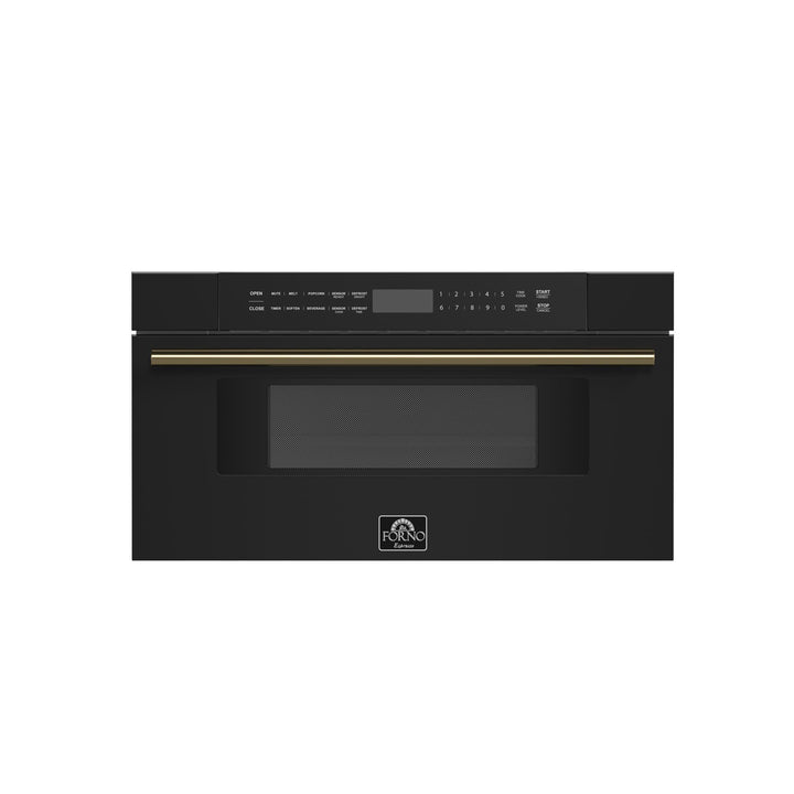 Forno Espresso 30" Built-In Microwave Drawer in Black with Antique Brass Handles, FMWDR3000-30BLK.