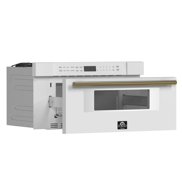 Forno Espresso 30" Built-In Microwave Drawer in White with Antique Brass Handles, FMWDR3000-30WHT.