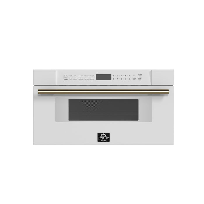 Forno Espresso 30" Built-In Microwave Drawer in White with Antique Brass Handles, FMWDR3000-30WHT