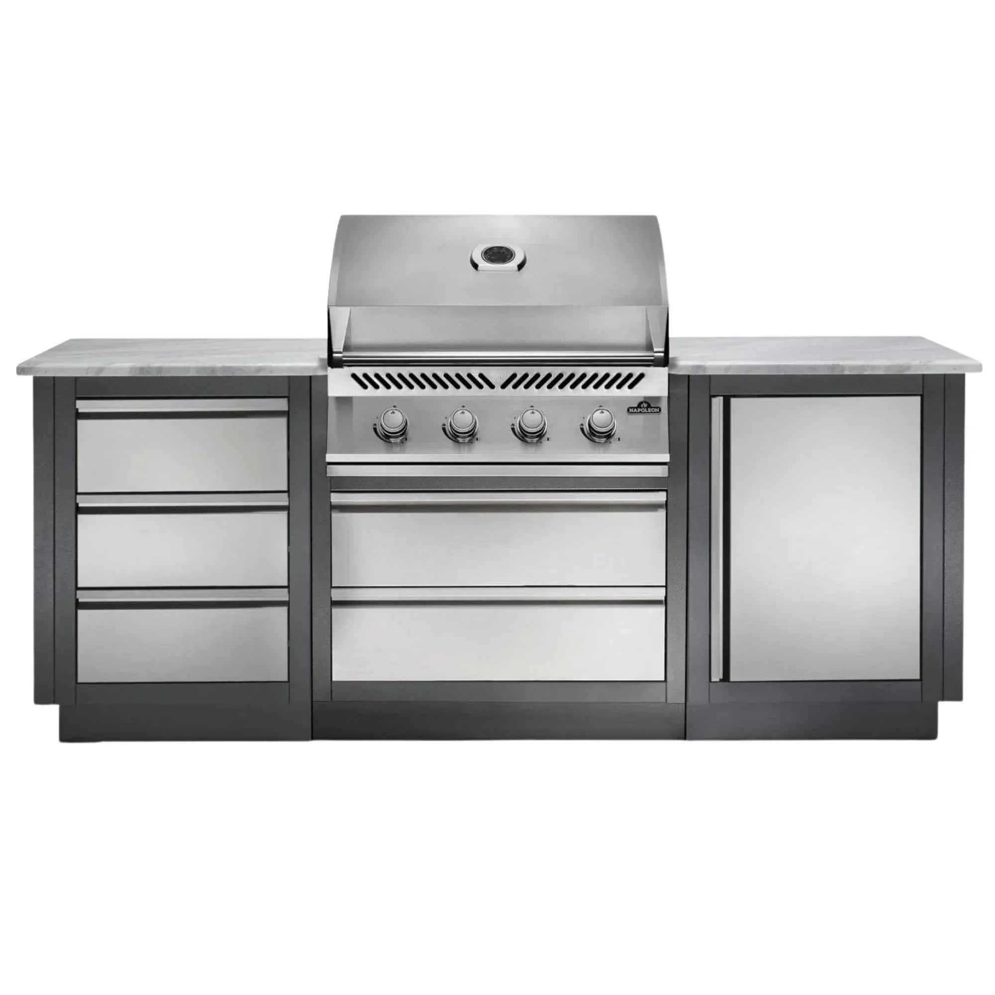 Napoleon Oasis 100 Outdoor Kitchen Island w/ Built-in 500 Series 32 Propane Grill  & Valet Gray Granite Countertop.