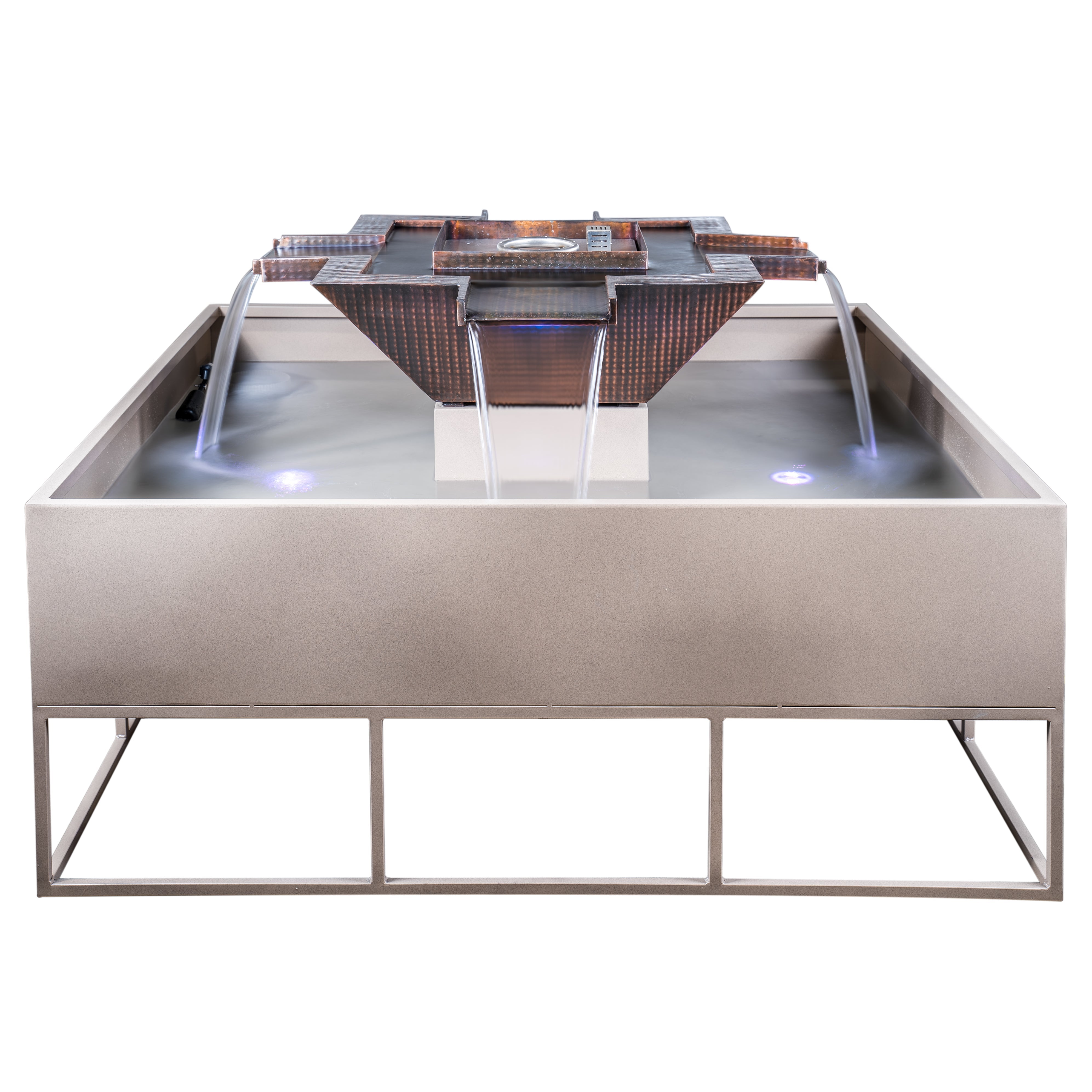 The Outdoor Plus Olympian Square 4-Way Copper Fire & Water Fountain.
