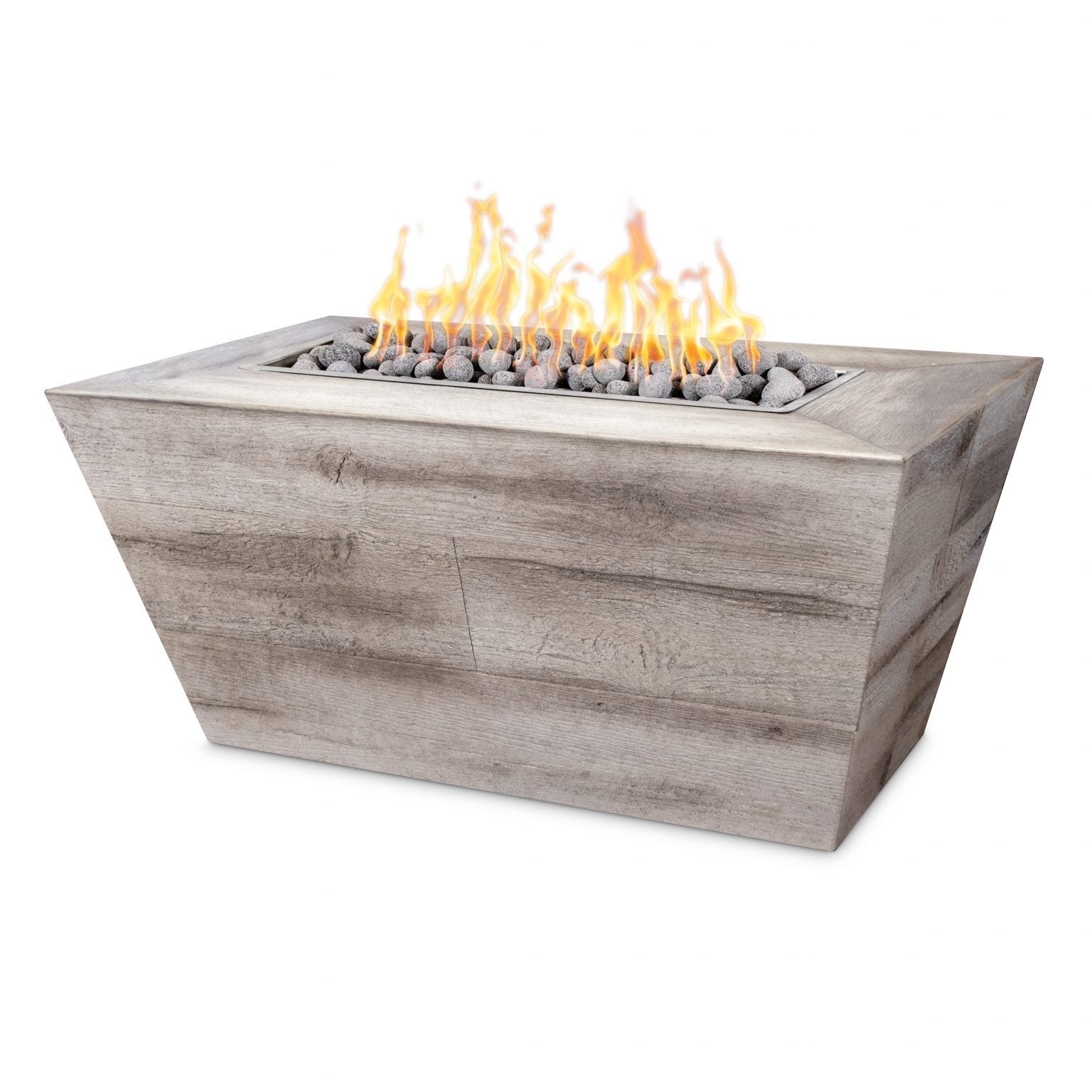 The Outdoor Plus Plymouth Rectangular Wood Grain Concrete Fire Pit.