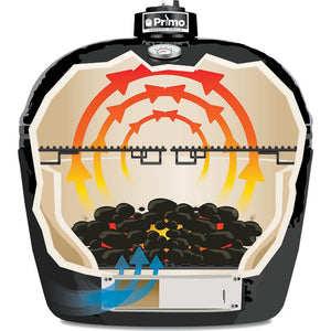 Primo All-In-One Oval Junior 200 Charcoal Ceramic Kamado Grill With Cradle, Side Shelves, And Stainless Steel Grates PGCJRC.