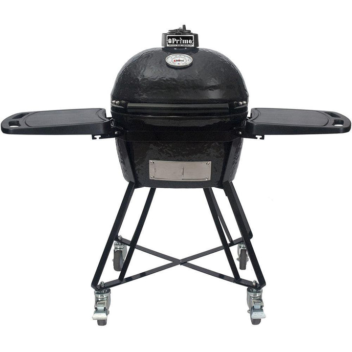 Primo All-In-One Oval Junior 200 Charcoal Ceramic Kamado Grill With Cradle, Side Shelves, And Stainless Steel Grates PGCJRC.