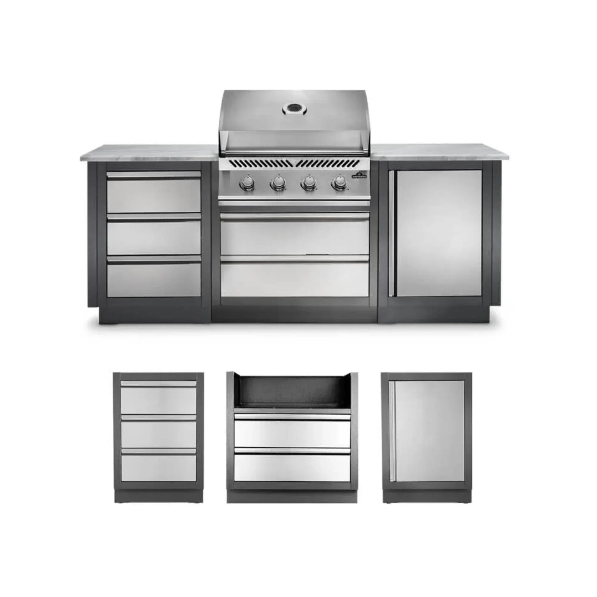 Napoleon Oasis 100 Outdoor Kitchen Island w/ Built-in 500 Series 32 Propane Grill  & Valet Gray Granite Countertop.