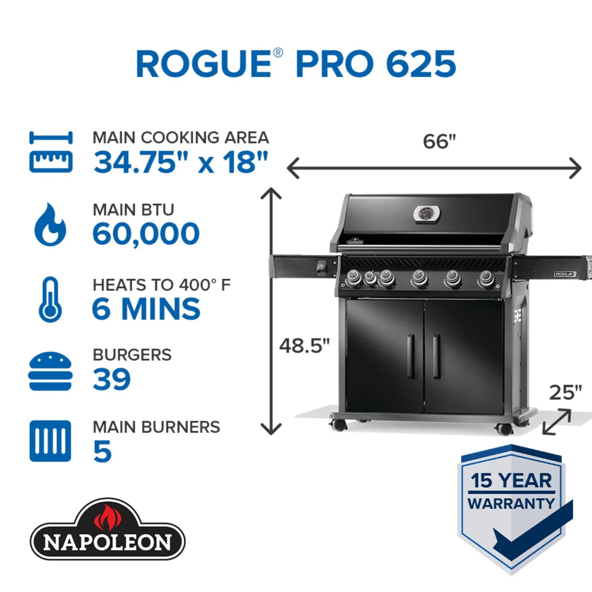 Napoleon Rogue PRO 625 SIB Black Freestanding Gas Grill w/ Infrared Side Burner.