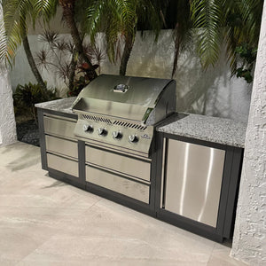 Napoleon Oasis 100 Outdoor Kitchen Island w/ Built-in 500 Series 32 Propane Grill  & Valet Gray Granite Countertop.