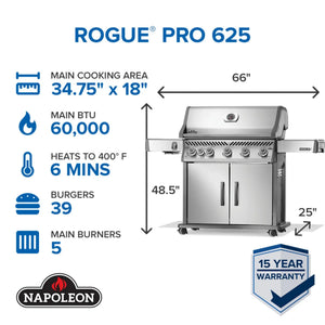 Napoleon Rogue PRO 625 SIB Freestanding Gas Grill w/ Infrared Side Burner.