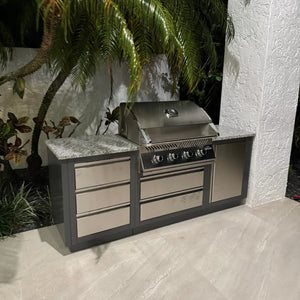 Napoleon Oasis 100 Outdoor Kitchen Island w/ Built-in 500 Series 32 Propane Grill  & Valet Gray Granite Countertop.