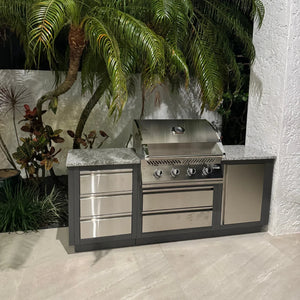 Napoleon Oasis 100 Outdoor Kitchen Island w/ Built-in 500 Series 32 Propane Grill  & Valet Gray Granite Countertop.