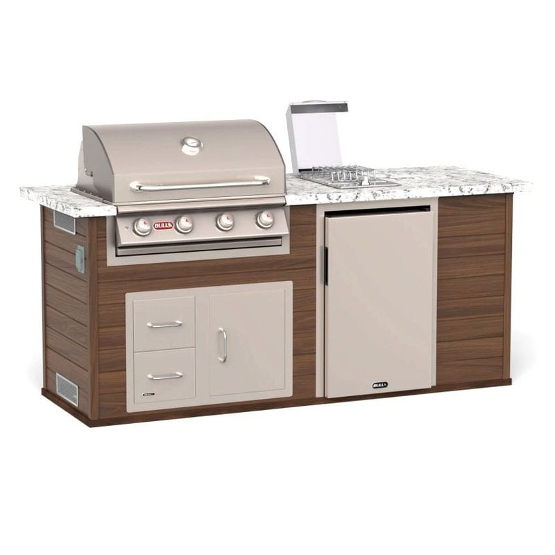 Bull 88-Inch ODK Outdoor Grill Island | Walnut Base & White Granite Countertop.