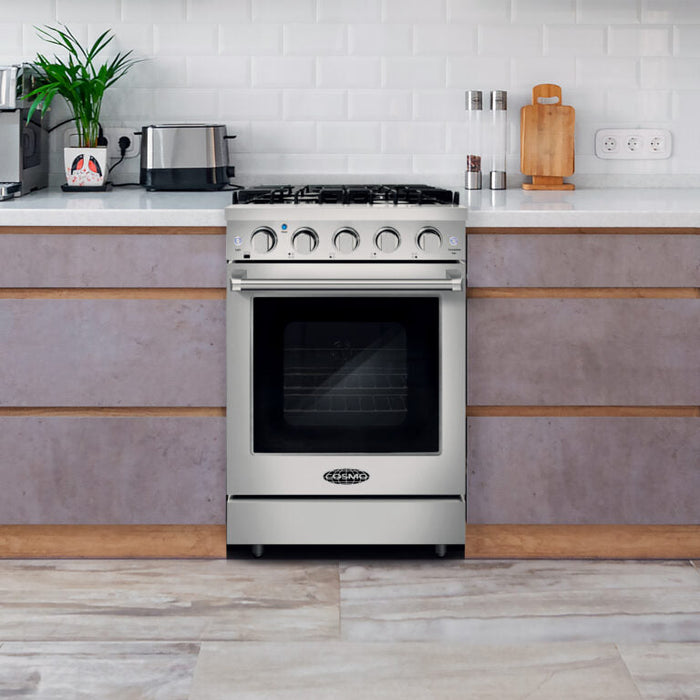 Cosmo 24 in. Slide-In Freestanding Gas Range with 4 Sealed Burners, Cast Iron Grates, 3.73 cu. ft. Capacity Convection Oven in Stainless Steel - COS-EPGR244