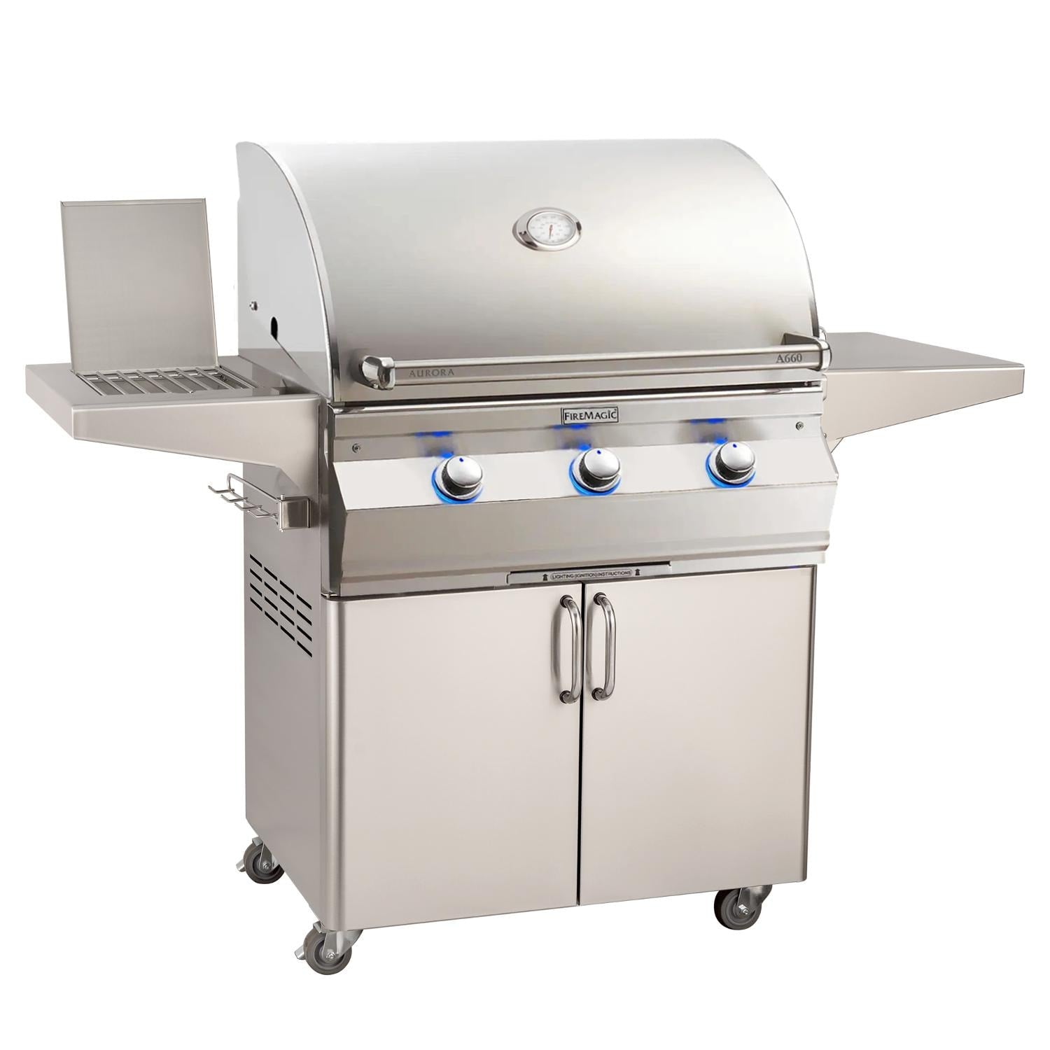 Fire Magic 30-Inch Aurora Freestanding Propane Gas Grill with One Infrared Burner, Side Burner & Analog Thermometer (A660S-7LAP-62).