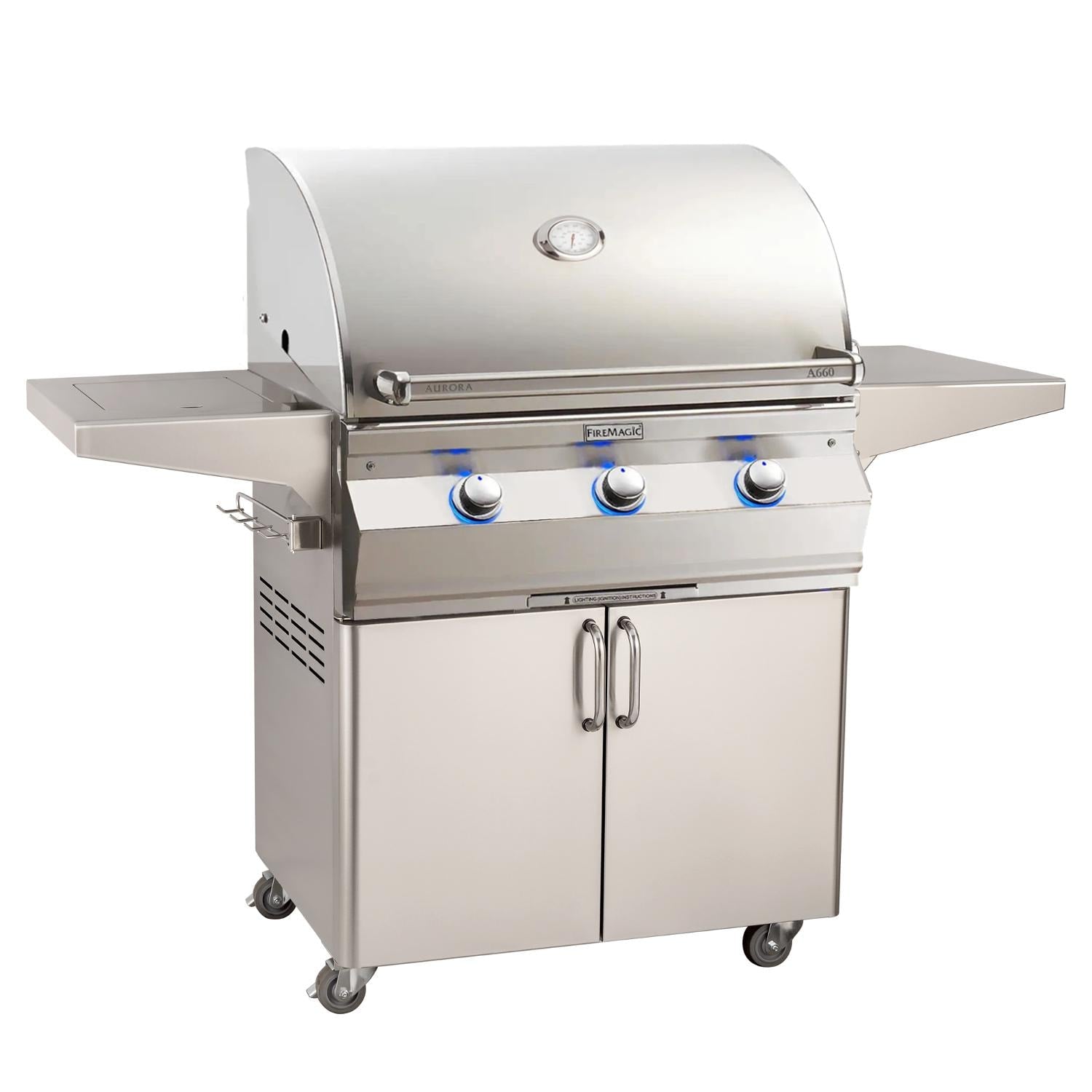 Fire Magic 30-Inch Aurora Freestanding Propane Gas Grill with One Infrared Burner, Side Burner & Analog Thermometer (A660S-7LAP-62).