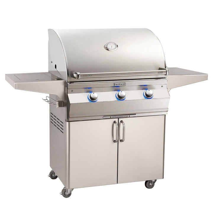 Fire Magic 30-Inch Aurora Freestanding Propane Gas Grill with One Infrared Burner, Side Burner & Analog Thermometer (A660S-7LAP-62).