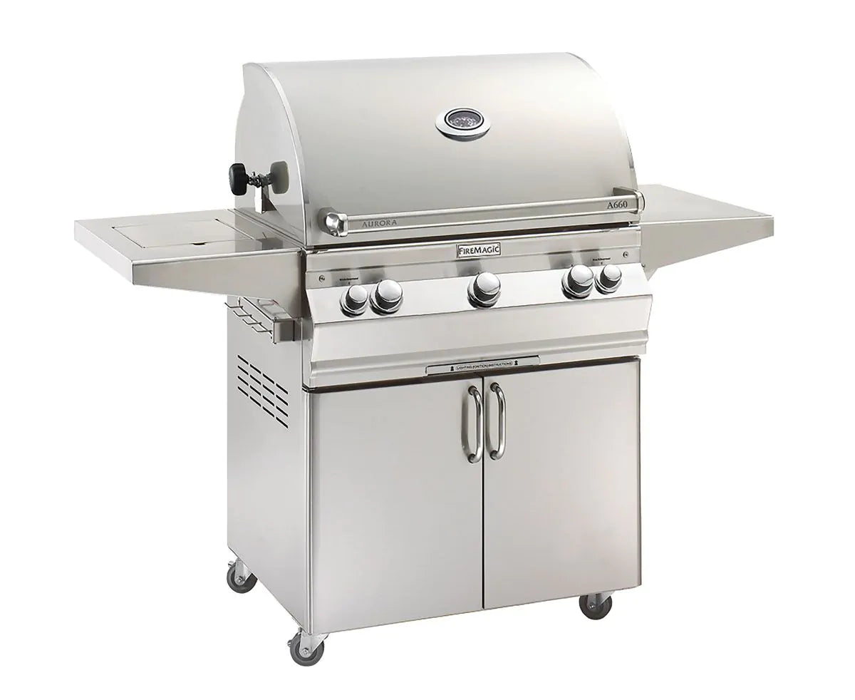 Fire Magic Aurora A660s 30-Inch Natural Gas Freestanding Grill, Single Side Burner, 1 Sear Burner, Backburner, Rotisserie Kit and Analog Thermometer (A660S-8LAN-62).
