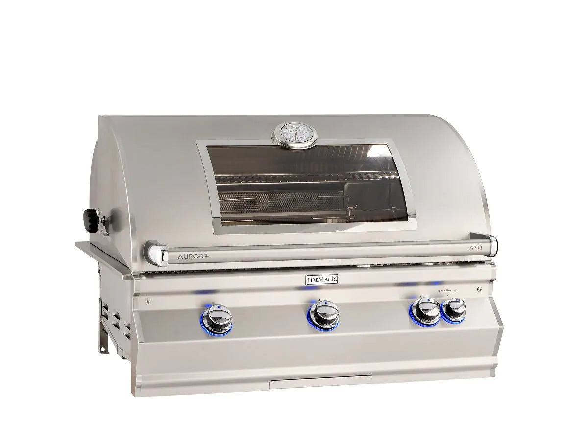 Fire Magic Aurora A790i 36-Inch Propane Gas Built-In Grill with 1 Sear Burner, Backburner, Rotisserie Kit, Magic View Window and Analog Thermometer (A790I-8LAP-W).