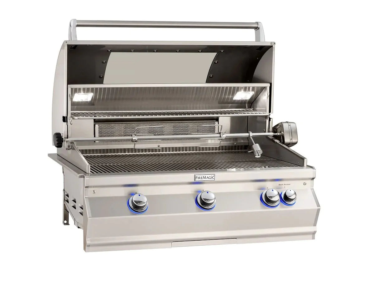 Fire Magic Aurora A660i 30-Inch Natural Gas Built-In Grill with Backburner, Rotisserie Kit, Magic View Window and Analog Thermometer (A660I-8EAN-W).