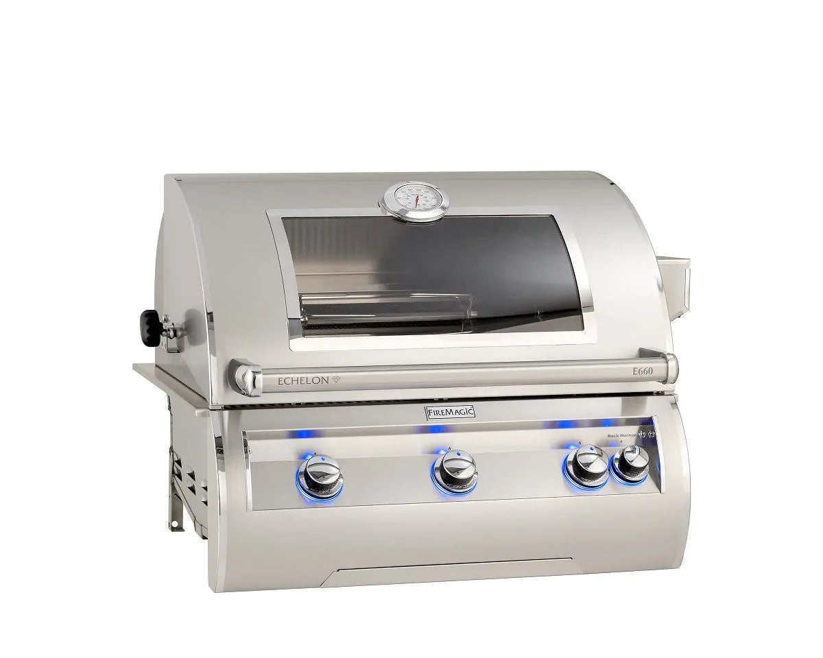Fire Magic Echelon Diamond E660i 30-Inch Propane Gas Built-In Grill with Backburner, Rotisserie Kit, Magic View Window and Analog Thermometer (E660I-8EAP-W).