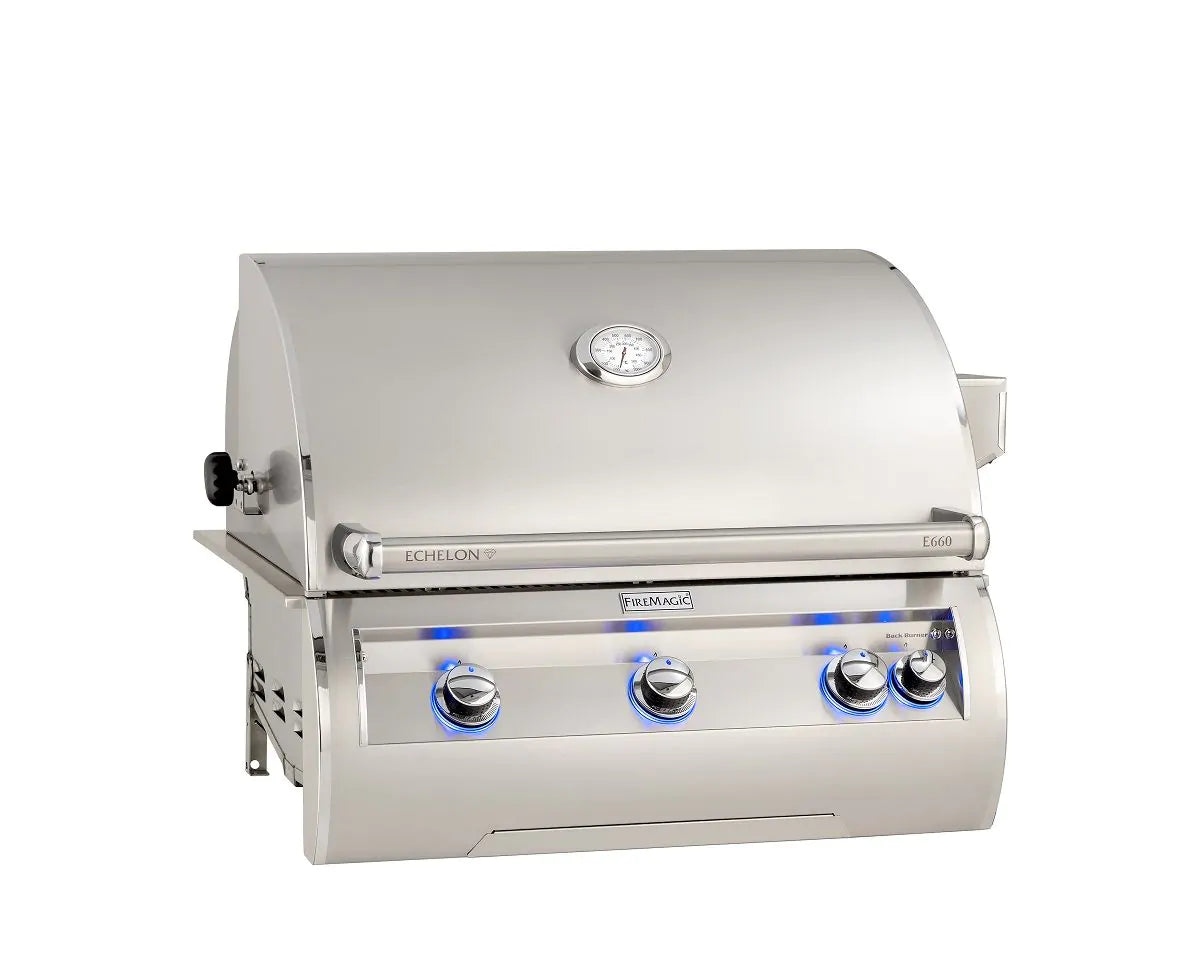 Fire Magic Echelon Diamond E660i 30-Inch Propane Gas Built-In Grill with Backburner, Rotisserie Kit and Analog Thermometer (E660I-8EAP).