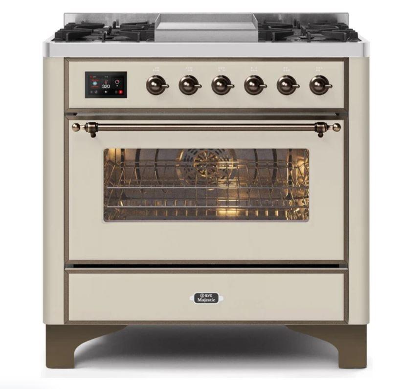 ILVE 36 Inch Majestic II Series Dual Fuel Natural Gas Range with 6 Burners and Griddle with 3.5 cu. ft. Oven Capacity TFT Oven Control Display (UM09FDNS3)