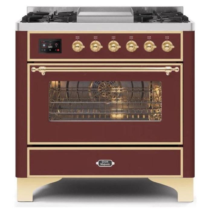 ILVE 36 Inch Majestic II Series Dual Fuel Natural Gas Range with 6 Burners and Griddle with 3.5 cu. ft. Oven Capacity TFT Oven Control Display (UM09FDNS3)