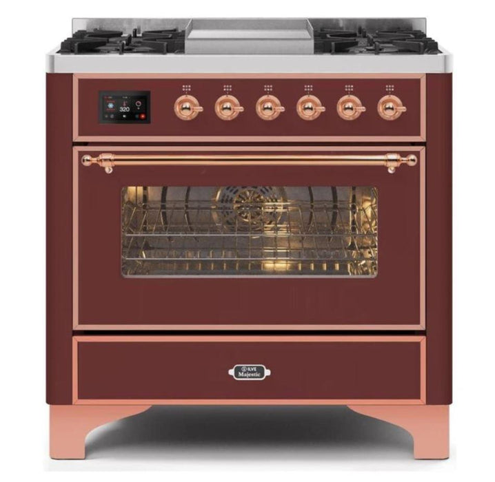 ILVE 36 Inch Majestic II Series Dual Fuel Natural Gas Range with 6 Burners and Griddle with 3.5 cu. ft. Oven Capacity TFT Oven Control Display (UM09FDNS3)