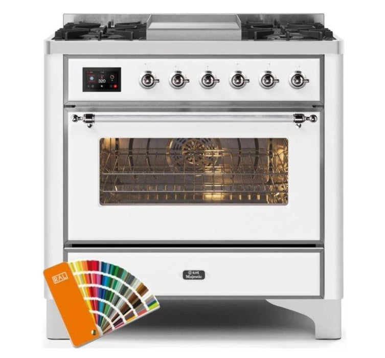 ILVE 36 Inch Majestic II Series Dual Fuel Natural Gas Range with 6 Burners and Griddle with 3.5 cu. ft. Oven Capacity TFT Oven Control Display (UM09FDNS3)