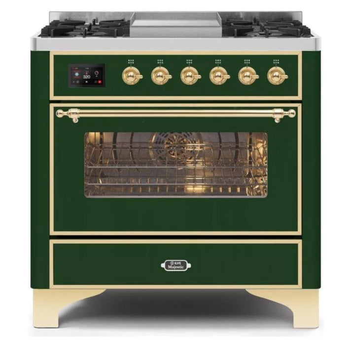 ILVE 36 Inch Majestic II Series Dual Fuel Natural Gas Range with 6 Burners and Griddle with 3.5 cu. ft. Oven Capacity TFT Oven Control Display (UM09FDNS3)