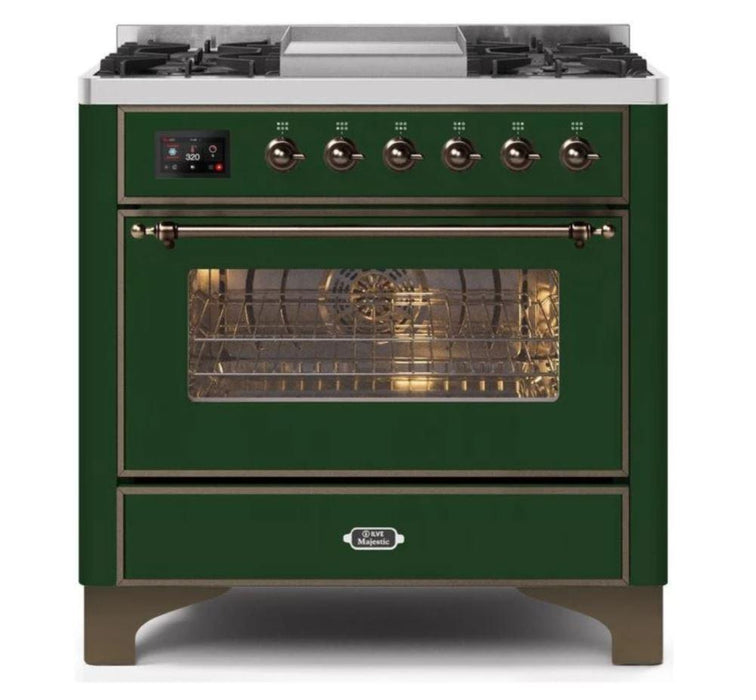 ILVE 36 Inch Majestic II Series Dual Fuel Natural Gas Range with 6 Burners and Griddle with 3.5 cu. ft. Oven Capacity TFT Oven Control Display (UM09FDNS3)